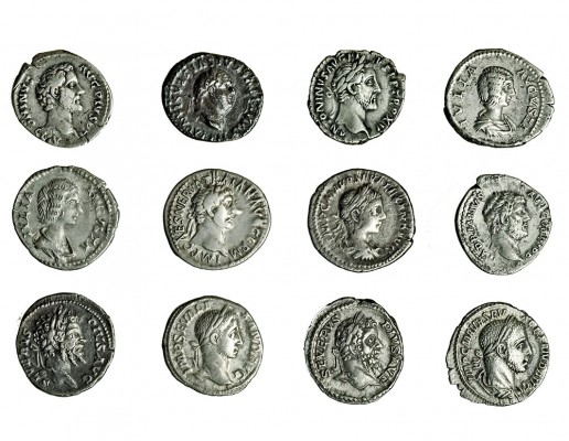 12 denarios: Vespasiano, Trajano, Adriano, Antonino Pío (2), Septimio Severo (2)...