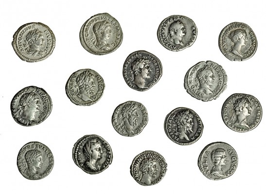 15 denarios: Vespasiano, Domiciano, Trajano, Adriano, Faustina madre, Antonino P...