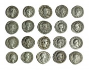 20 denarios: Augusto, Vespasiano (2), Domiciano (3), Nerva, Trajano (4), Adriano (4), Antonino Pío (3), Faustina madre y Marco Aurelio. Calidad media ...