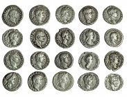 20 denarios: Julio César, Augusto, Tiberio, Vespasiano (2), Domiciano (3), Nerva, Trajano (3), Adriano (3), Sabina, Faustina y Antonino Pío (3). MBC-/...