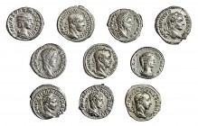 10 denarios: Septimio Severo, Julia Domna, Alejandro Severo (4), Julia Soemias, Caracalla y Heliogábalo (2). MBC-/MBC.
