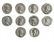 10 denarios: Antonino Pío, Julia Domna, Maximino (2), Septimio Severo, Caracalla (3) y Heliogábalo (2). Calidad media MBC.