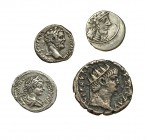 3 denarios: República Romana con grafito VAKIIRI, Septimio Severo y Caracalla; Tetradracma de vellón de Nerón y Popea, de Alejandría. Total 4 monedas....