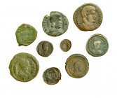 9 follis y divisores, 4 bajo imperiales y 5 bizantinos. Arcadio (2), Magencio, Decencio, Anastasio, Justino II y Constante II. BC+/MBC-.