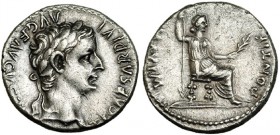 TIBERIO. Denario. Lugdunum (37-8). R/ Livia sentada a der. con rama, cetro y trono con patas adornadas; PONTID. MAXIM. RIC-30. SB-16a. EBC-.