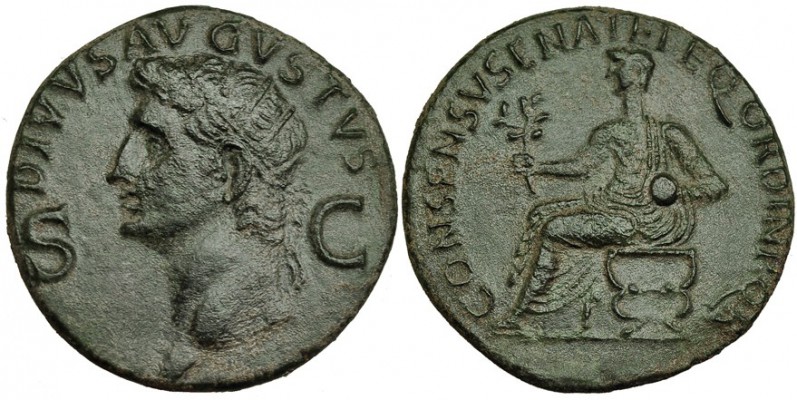 CALÍGULA. Dupondio. Roma. A/ Cabeza radiada de Augusto a izq.; DIVVS AVGVSTVS, S...
