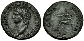 CLAUDIO I. Dupondio. Roma (41-50). R/ Ceres con espigas y cetro, sentada a izq.; CERES AVGVSTA, S.C. RIC-94. CH-1. Pátina oscura. EBC-.
