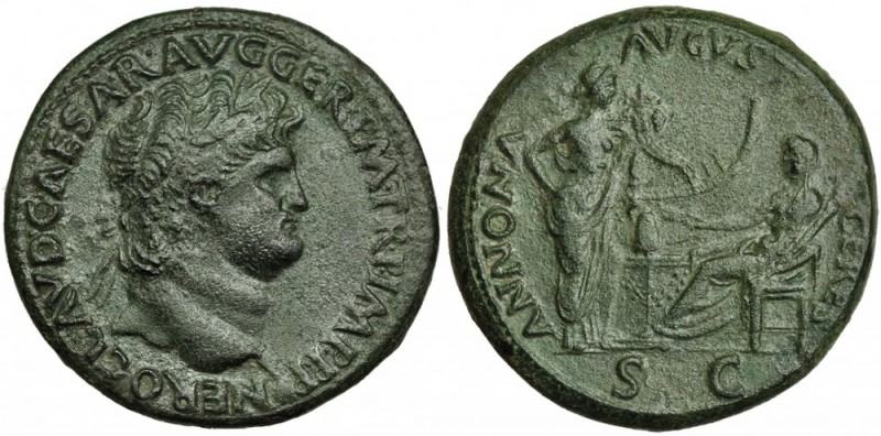 NERÓN. Sestercio. Lugdunum (64). A/ Cabeza laureada a der.; NERO CLAVD. CAESAR A...