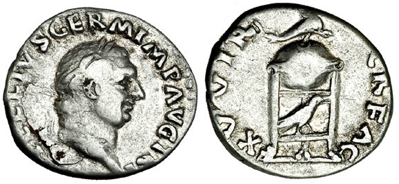VITELIO. Denario. Roma (69). R/ Trípode con delfín encima y ave en la parte infe...