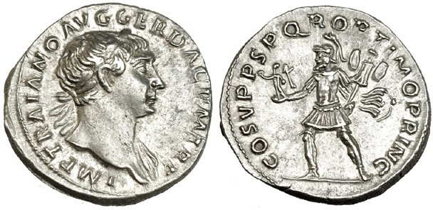 TRAJANO. Denario. Roma (103-111). A/ Marte avanzando a izq. con pequeña Victoria...