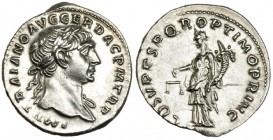 TRAJANO. Denario. Roma (103-112). R/ La Equidad a izq. con balanza y cornucopia;: COS. V P. P. S. P. Q. R. OPTIMO PRINC. RIC-118. SB-85. EBC.