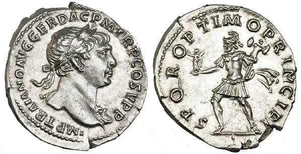 TRAJANO. Denario. Roma (103-111). Marte avanzando a izq. con pequeña Victoria y ...