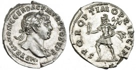 TRAJANO. Denario. Roma (103-111). Marte avanzando a izq. con pequeña Victoria y trofeo; S. P. Q. R. OPTIMO PRINCIPI. RIC-155. SB-371a. EBC.