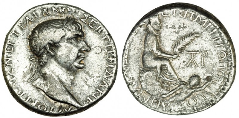 TRAJANO. Tetradracma. Tasos (103-111). R/ Tyche sentada sobre roca, sosteniendo ...