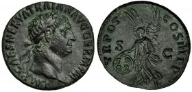 TRAJANO. As. Roma (99-100). R/ La Victoria avanzando a izq. con escudo con ley.: S.P./Q.R; TR. POT. COS. III P. P., S.C. RIC-417. CH-628. Trazos de li...