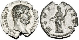 ADRIANO. Denario. Roma (134-138). R/ La Moneda a izq. con balanza y cornucopia; MONETA AVG. RIC-256. SB-963. Cospel abierto. EBC+.