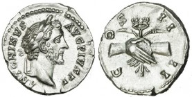 ANTONINO PÍO. Denario. Roma (139-141). R/ Manos saludándose, detrás caduceo y espigas. RIC-136. SB-344. EBC. Escasa.