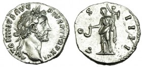 ANTONINO PÍO. Denario. Roma (153). R/ Vesta a izq. con símpulo y paladio. RIC-219. SB-197. EBC/EBC-.