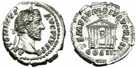 ANTONINO PÍO. Denario. Roma (139-141). R/ Templo. BMC-549 (nota). SB-799. EBC.