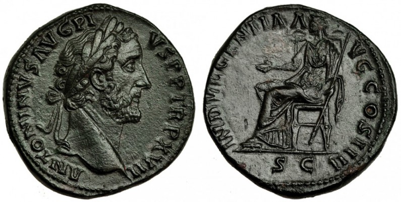 ANTONINO PÍO. Sestercio. Roma (153-4). A/ Busto laureado a der. R/ La Indulgenci...
