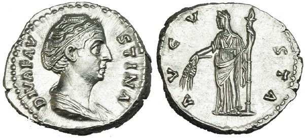 FAUSTINA MADRE, mujer de Antonino Pío. Denario. Roma. R/ Vesta velada a izq. RIC...