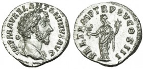 MARCO AURELIO. Denario. Roma (161-2). R/ Ley.: FEL. TEMP. TR. P. XV COS. III. RIC-14. SB-196. EBC+.