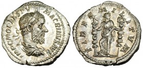 MACRINO. Denario. Antioquía (217-218). R/ La Fidelidad a der., sujetando dos estandartes militares; FIDES MILITVM. RIC-67. SB-23b. EBC+/EBC.