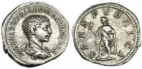 DIADUMENIANO. Denario. Roma (218). R/ La Esperanza avanzando a izq. con rama; SPES PVBLICA. RIC-117. SB-21a. MBC. Muy escasa.