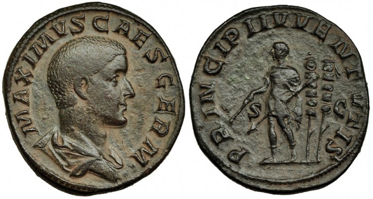 MAXIMO. Sestercio. Roma (236-238). A/ Cabeza desnuda y drapeada a der.; MAXIMVS ...