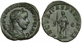 GORDIANO III. Sestercio. Roma. R/ La Seguridad a izq. con cetro; SECVRITAS PERPETVA, S.C. RIC-336. CH-237. Bonita pátina verde oscuro. EBC.
