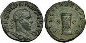 FILIPO I. Sestercio. Roma (244). R/ Columna con inscripción: COS III; SAECVLARES AVGG, S.C. RIC-162a. CH-195. Pátina verde claro. EBC-.