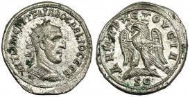 TRAJANO DECIO. Tetradracma. Antioquía (250-251). A/ Busto radiado y con coraza a der., debajo de esta letra S. R/ Águila con la cabeza a izq. PR-566. ...
