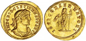 DIOCLECIANO. Áureo. Roma. A/ Buso laureado, drapeado y con coraza a der.; IMP. C. DIOCLETIANVS P. F. AVG. R/ Júpiter con rayos y cetro a izq.; IOVI CO...