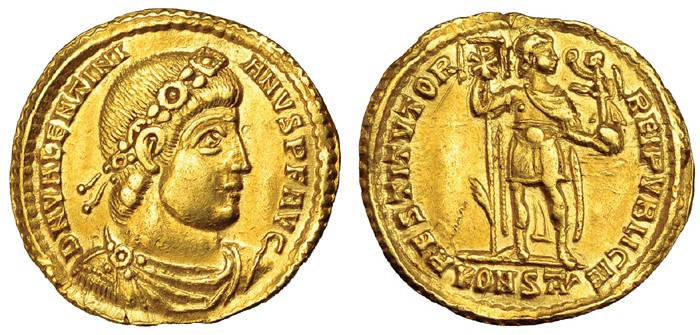 VALENTINIANO I. Sólido. Arelate (364-367). A/ Busto diademado, drapeado y con co...