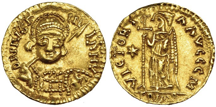 ÉPOCA DE AMALARICO A ATANAGILDO. Sólido a nombre de Justiniano I. A/ DN IVSTINIA...