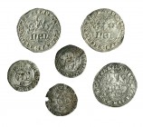 6 monedas: de plata: reales de anagrama (3), Burgos; 1/2 real (3), Sevilla. Una de ellas con rotura. MBC-/MBC.