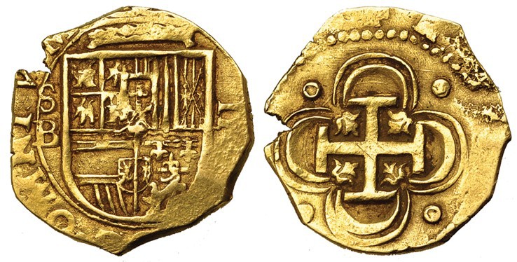 2 escudos. Sevilla. B. Fecha no visible (1597 ó 1598). Ley.: OMNIVM en anv. CA-6...