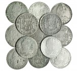 13 monedas de 8 reales: Lima, 1780; México: 1772, 1785, 1786 (2), 1787, 1788 y 1789; Potosí: 1778, 1780, 1781, 1782 y 1786. Dos con agujero tapado. BC...