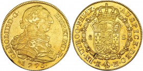 8 escudos. 1775. Madrid. PJ. VI-1622. Golpecito en la gráfila. MBC+/EBC-. Escasa.