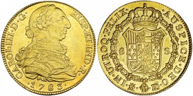 8 escudos. 1783/73. Madrid. JD/PJ. VI-1627 vte. CA-61. Rebaba en el rev. R.B.O. EBC-. Rara.