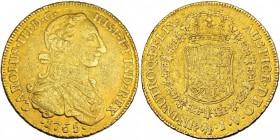 8 escudos. 1765. Nuevo Reino. JV. VI-1674. Múltiples pequeñas marcas. MBC-. Rara.