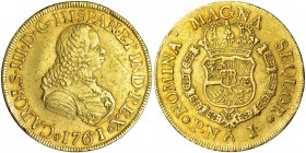 8 escudos. 1761. Popayán. J. VI-1702. Marca por rotura de cuño en el anv. y pequeñas marcas. MBC. Muy escasa.