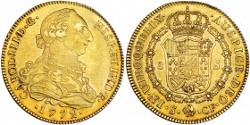 8 escudos. 1772. Sevilla. CF. VI-1774. Golpecito en la gráfila. MBC+/EBC-. Rara.