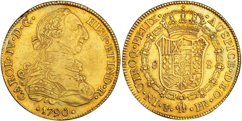 8 escudos. 1790/ 0 sobre 9. Potosí. PR. VI-1392 vte. Pequeño defecto del cospel ...