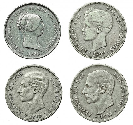 4 monedas: 20 reales, 1855, Madrid; 5 pesetas (3), 1878-EMM, 1883 y 1897. Calida...
