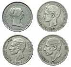 4 monedas: 20 reales, 1855, Madrid; 5 pesetas (3), 1878-EMM, 1883 y 1897. Calidad media MBC.