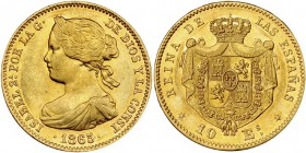 10 escudos. 1865. Madrid. VI-665. R.B.O. EBC-/EBC. Escasa.
