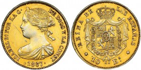 10 escudos. 1867. Madrid. Falsa de época en platino. BA-910. Rayas en el anv. EBC-.