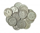 Colección de monedas de 1 peseta. 1869-1933. 20 difententes, incluyendo, 1869 ley.: ESPAÑA. Casi todas con fecha en las estrellas. De BC+ a EBC-.