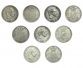 9 monedas de 50 céntimos de peso. Manila. 1881 (3), 1882 (2), 1883 (2), 1885 (2). MBC/MBC+.